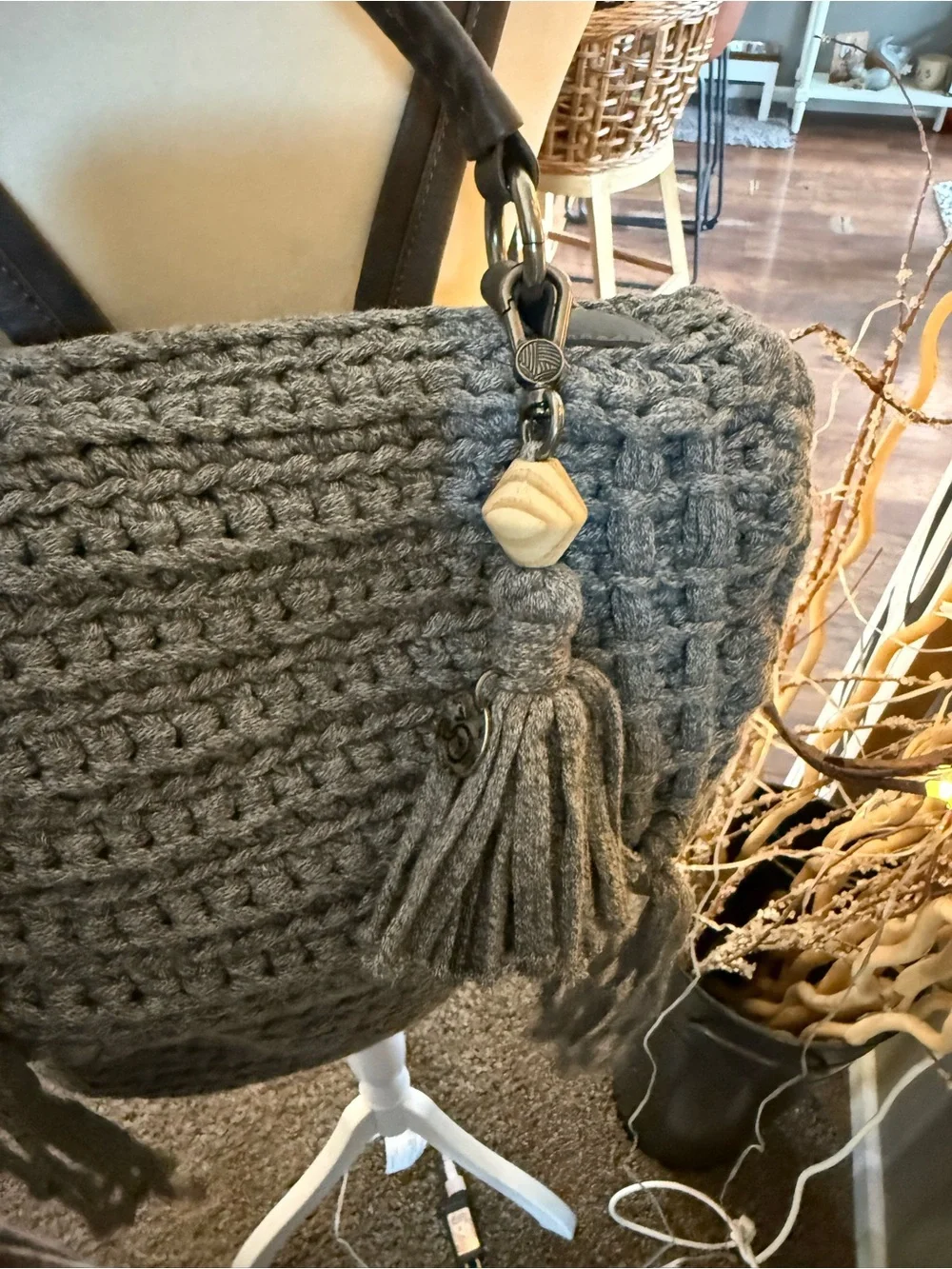 The Sak Gray Knit Backpack with Dark Brown Straps